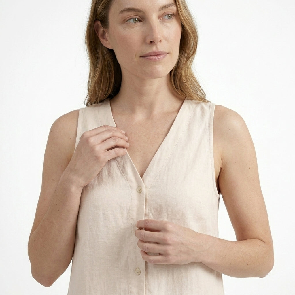 Womens Solid Linen Maxi Dress | Elegant Sleeveless V-Neck Summer Dress 4