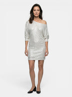 Vestido mini de lentejuelas brillantes para mujer | Vestido de cóctel elegante de manga larga y ajuste relajado