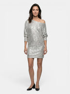 Vestido mini de lentejuelas brillantes para mujer | Vestido de cóctel elegante de manga larga y ajuste relajado