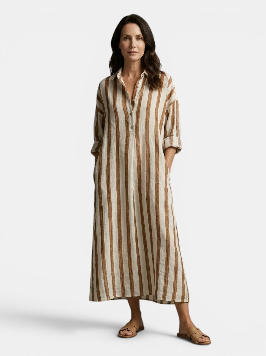 Womens Striped Cotton Maxi Dress | Elegant Long Sleeve Casual Dress 8