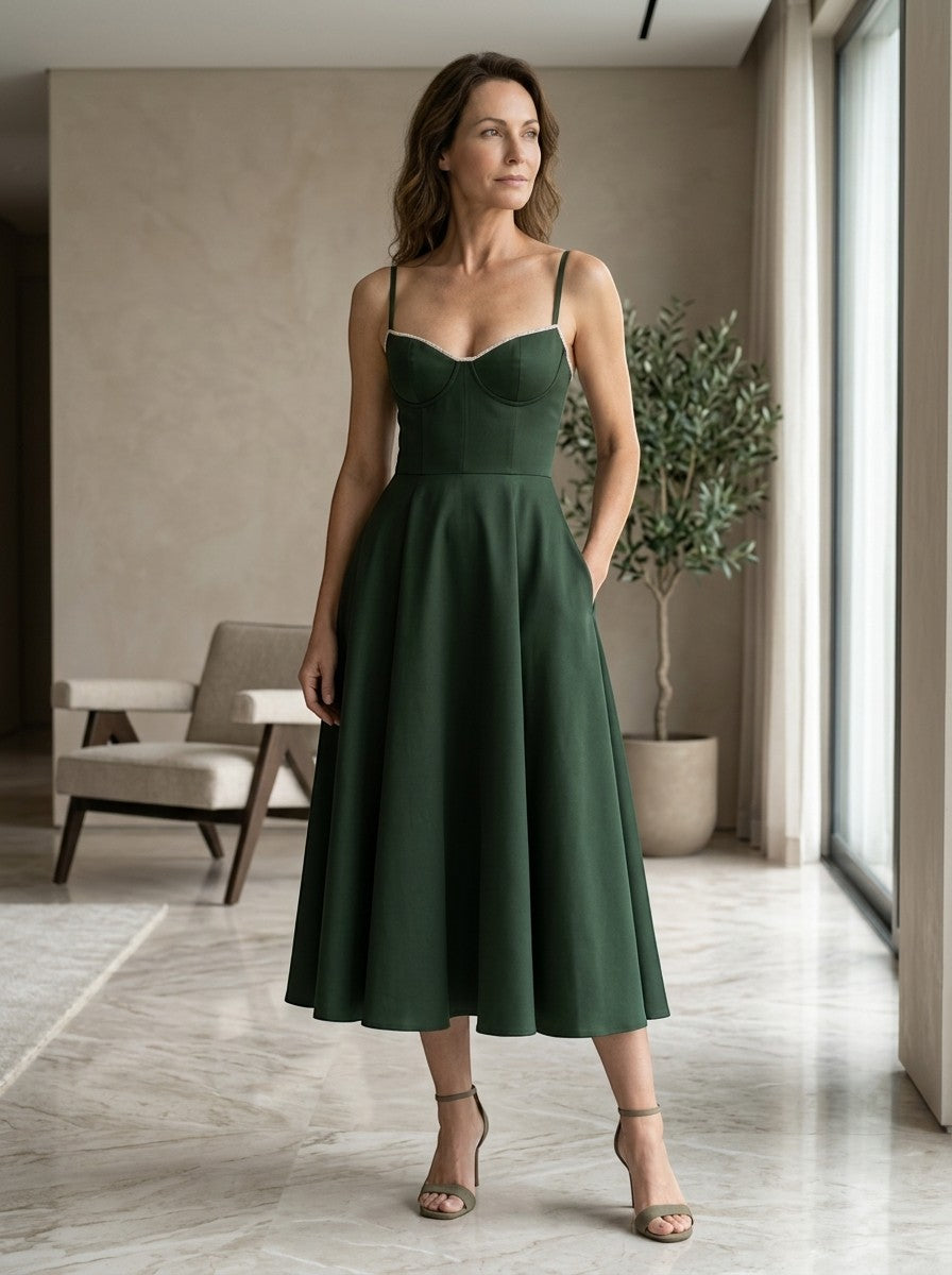 Abito midi strutturato da donna con corsetto | Gonna svasata design elegante