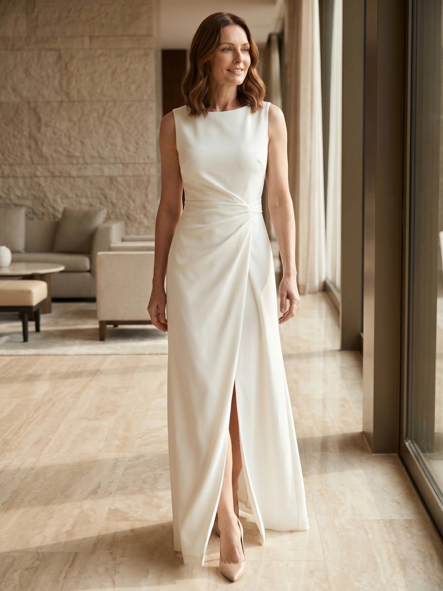 Abito lungo strutturato da donna in tessuto | Design drappeggiato con scollo a barca elegante