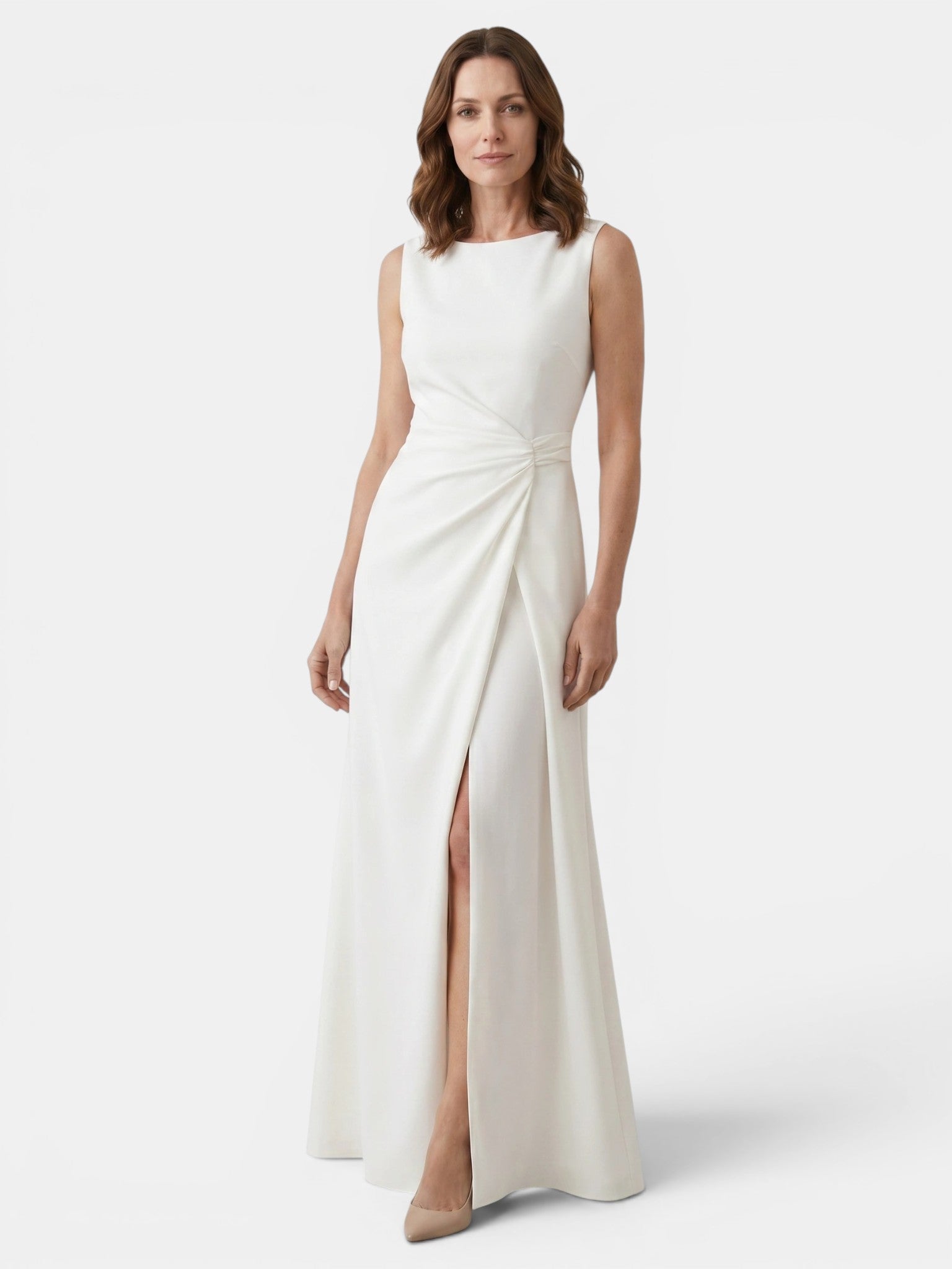 Abito lungo strutturato da donna in tessuto | Design drappeggiato con scollo a barca elegante