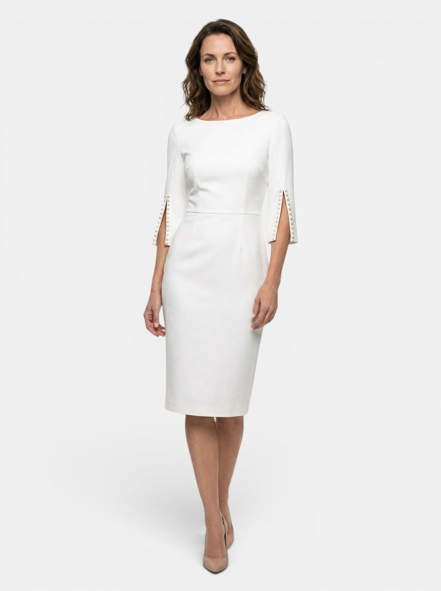 Women's Structured Midi Dress | Bead Detail Split Sleeve Wedding Guest Dress