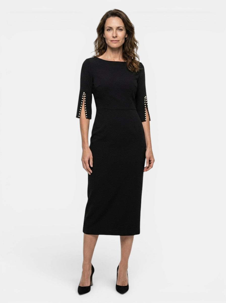 Women's Structured Midi Dress | Bead Detail Split Sleeve Wedding Guest Dress