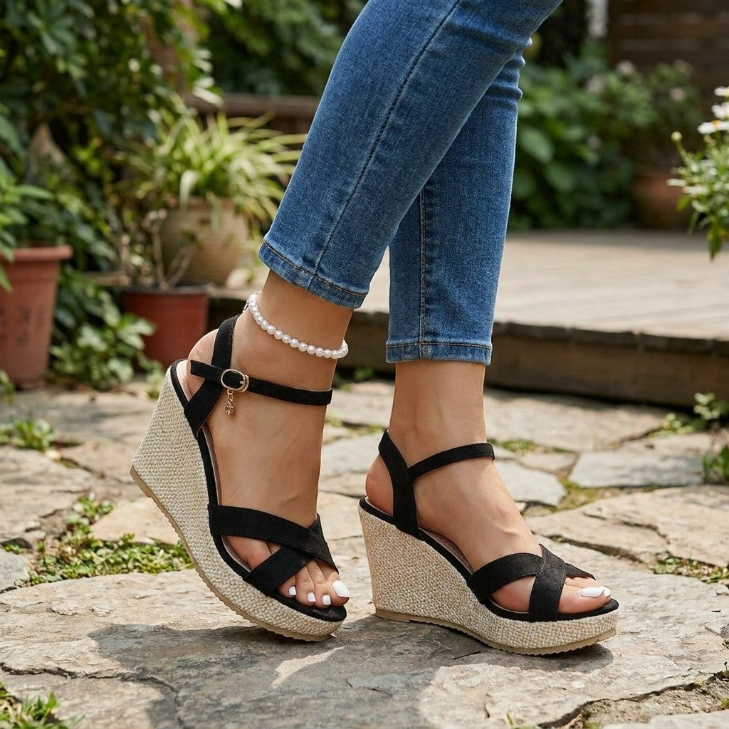 Womens Synthetic Wedge Sandals | Elegant Comfortable Black Wedge Heels for Summer 1