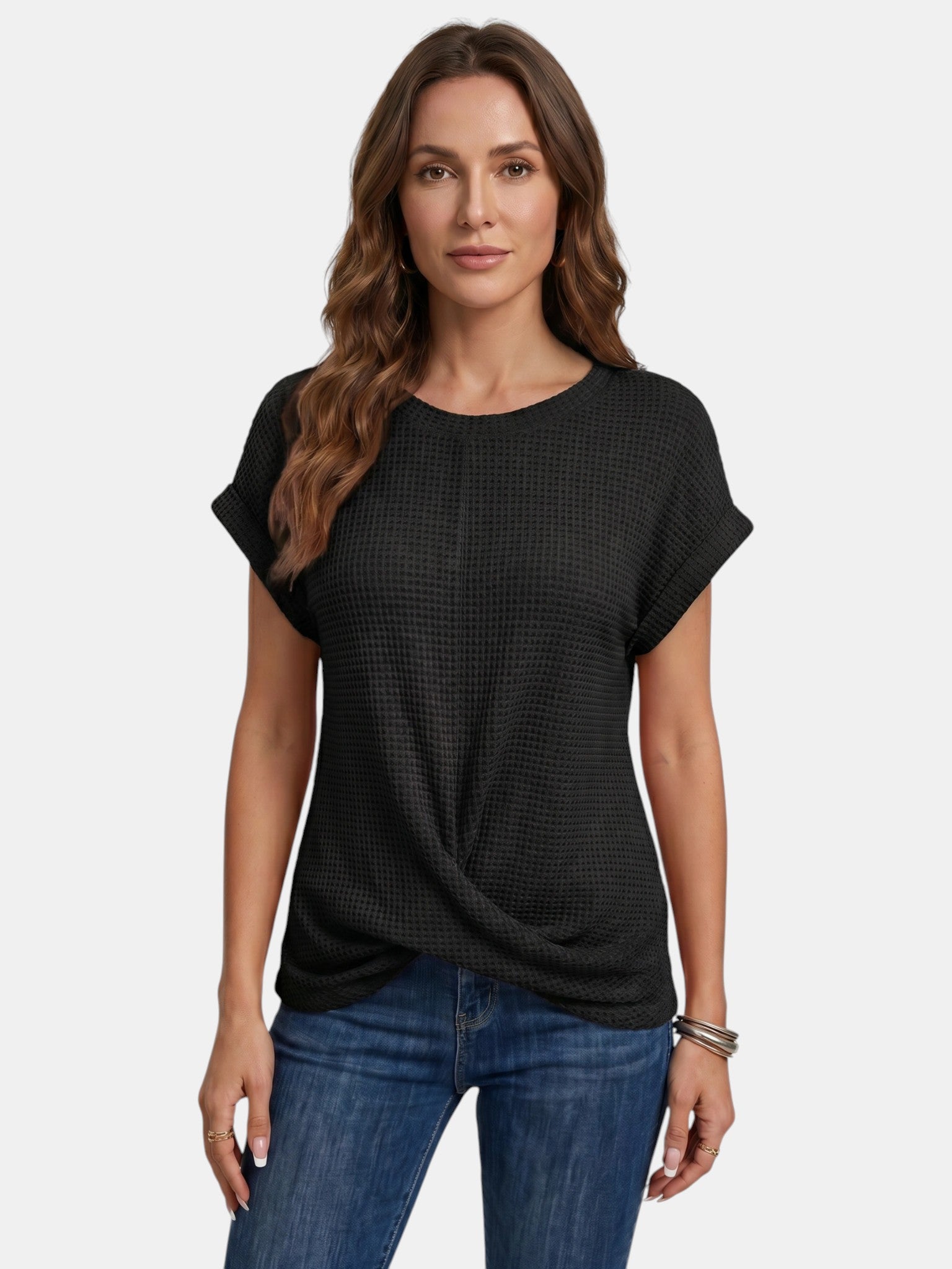 T-shirt da donna in maglia waffle strutturata | Top casual a vestibilità rilassata con dettaglio annodato valorizzante