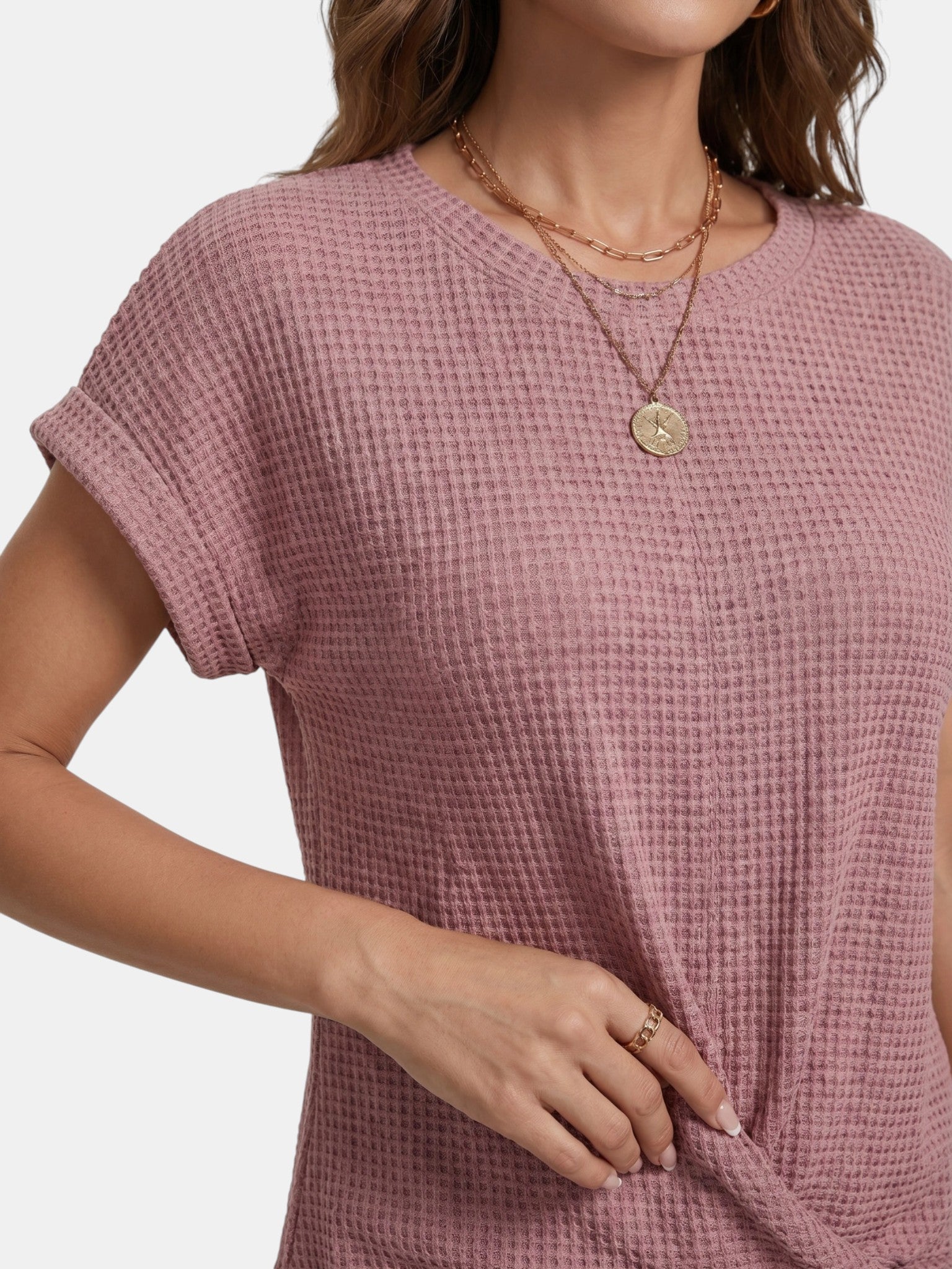 T-shirt da donna in maglia waffle strutturata | Top casual a vestibilità rilassata con dettaglio annodato valorizzante