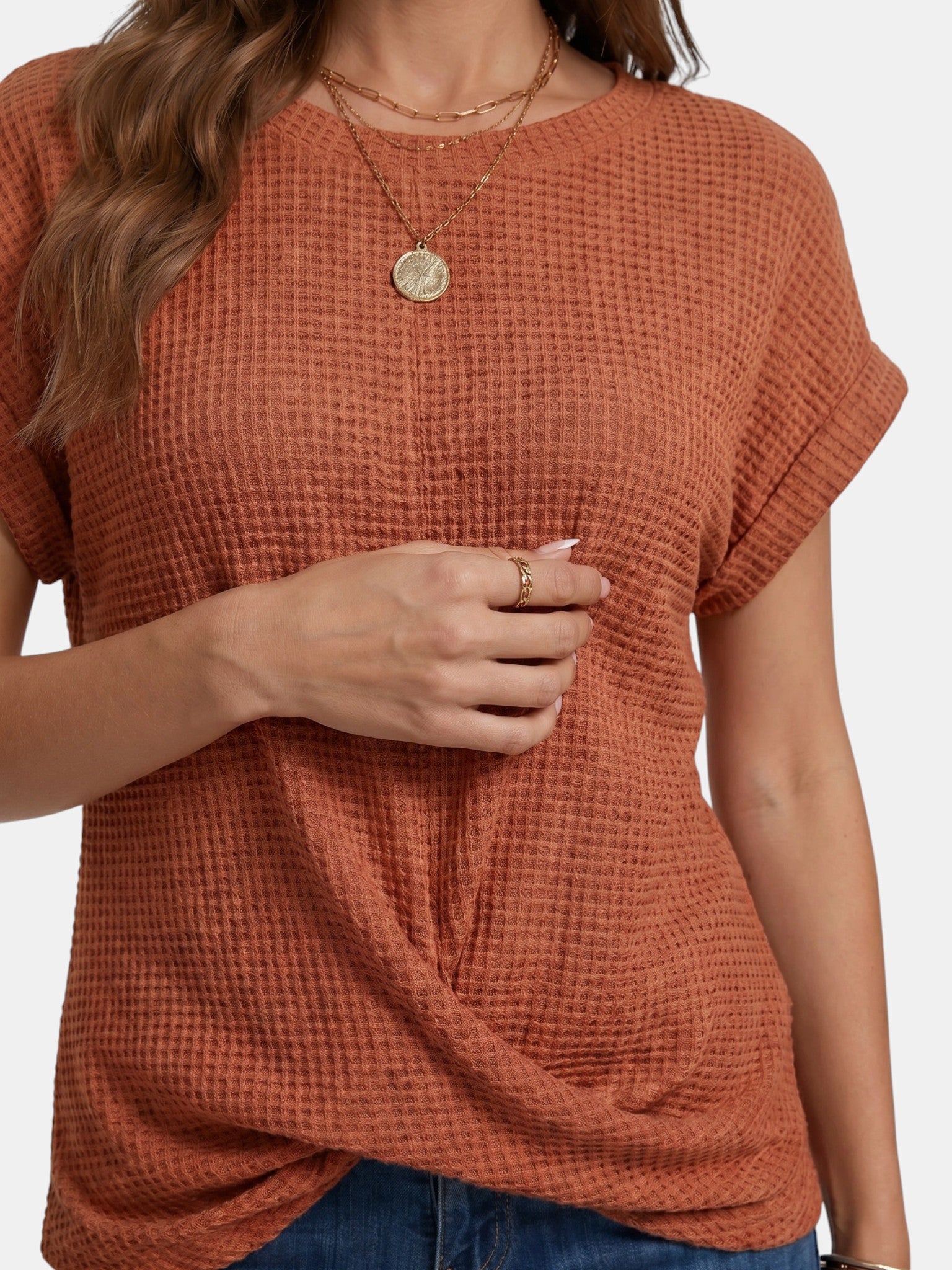 T-shirt da donna in maglia waffle strutturata | Top casual a vestibilità rilassata con dettaglio annodato valorizzante