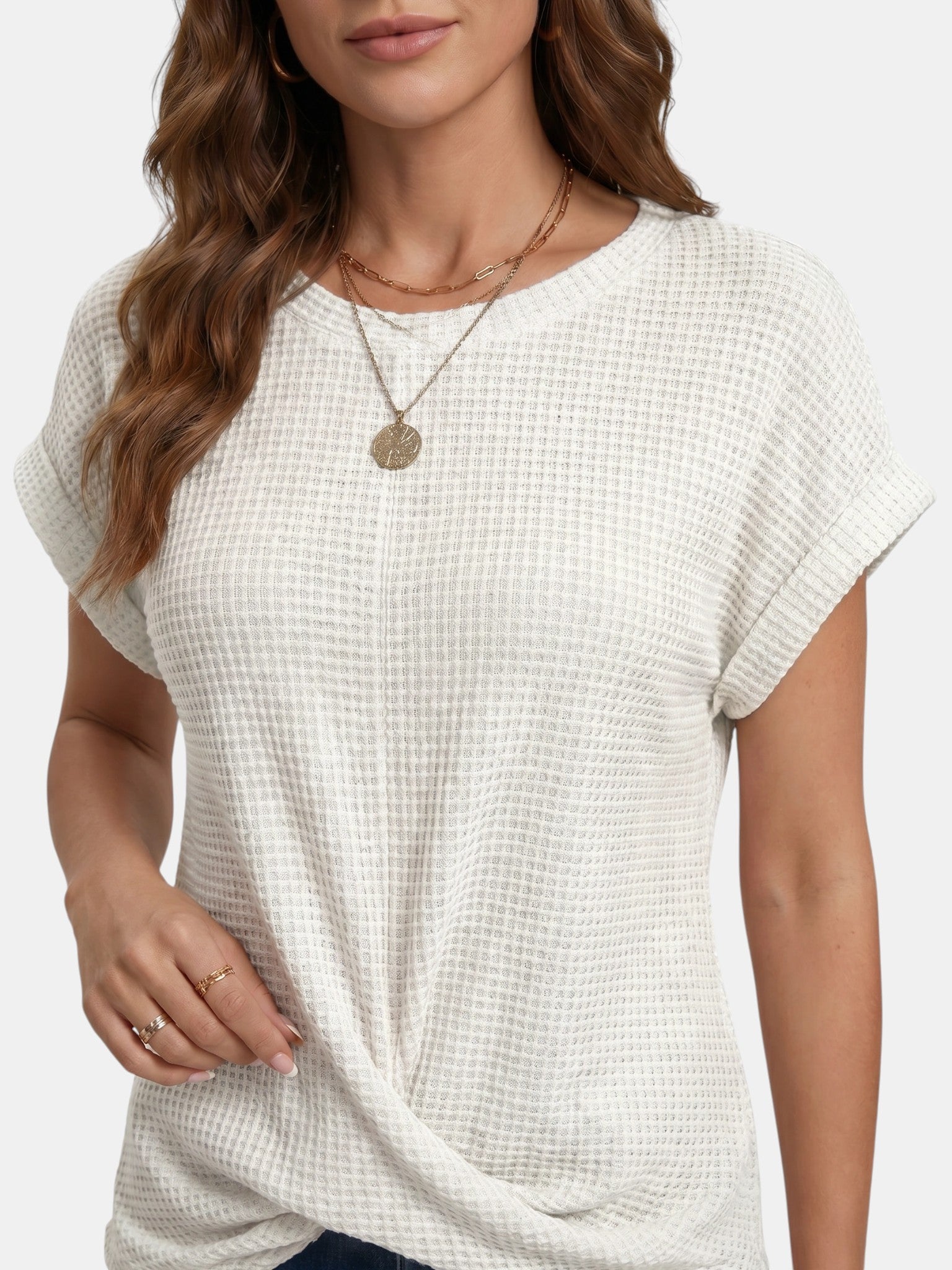 T-shirt da donna in maglia waffle strutturata | Top casual a vestibilità rilassata con dettaglio annodato valorizzante
