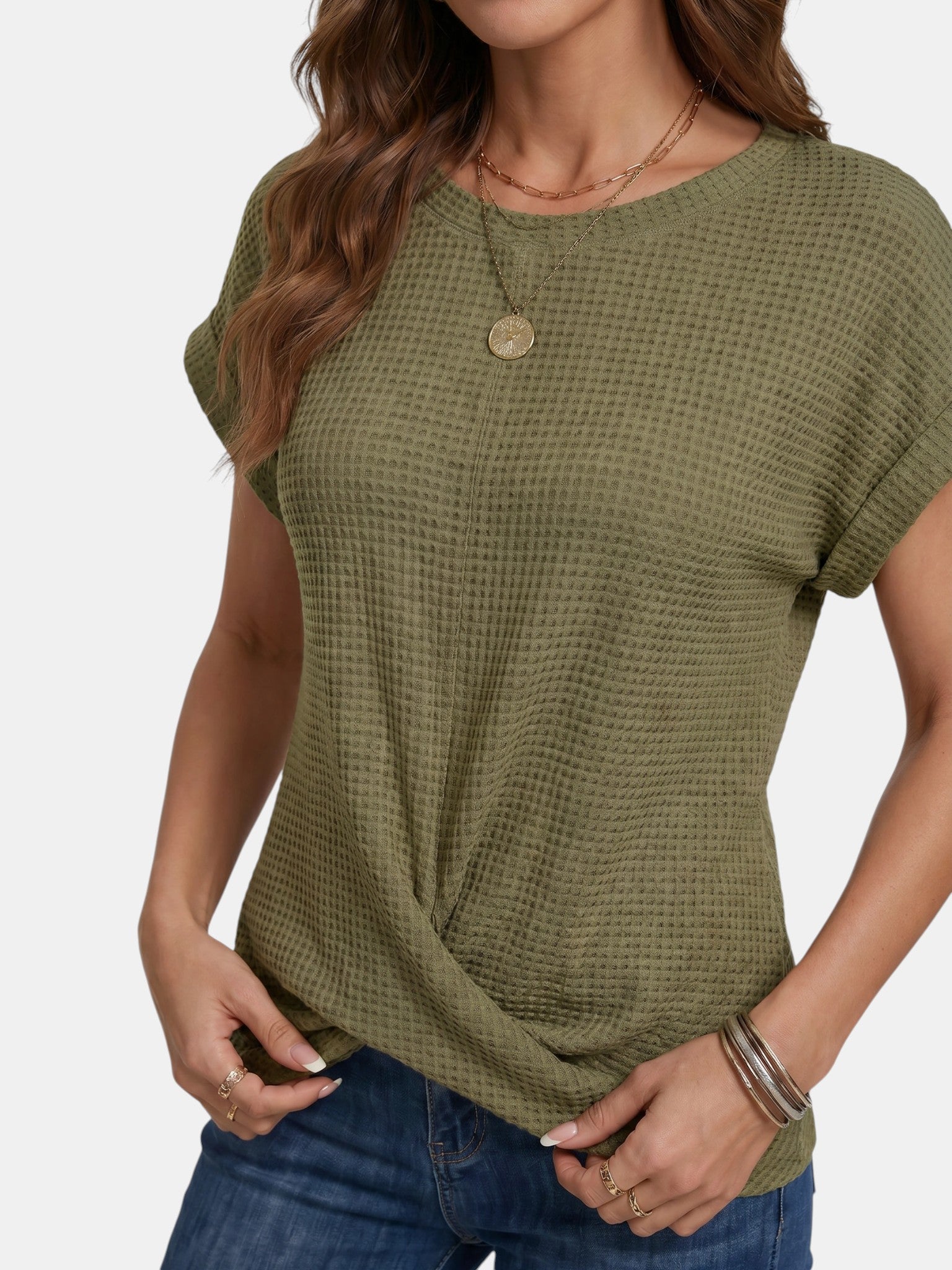T-shirt da donna in maglia waffle strutturata | Top casual a vestibilità rilassata con dettaglio annodato valorizzante