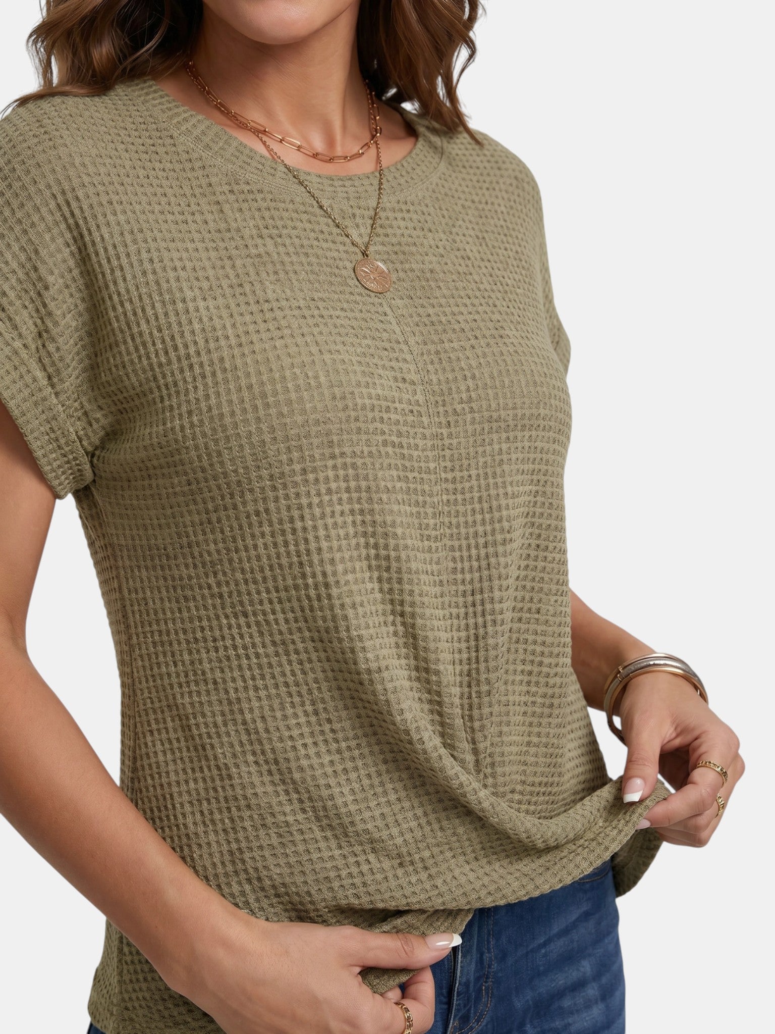 T-shirt da donna in maglia waffle strutturata | Top casual a vestibilità rilassata con dettaglio annodato valorizzante