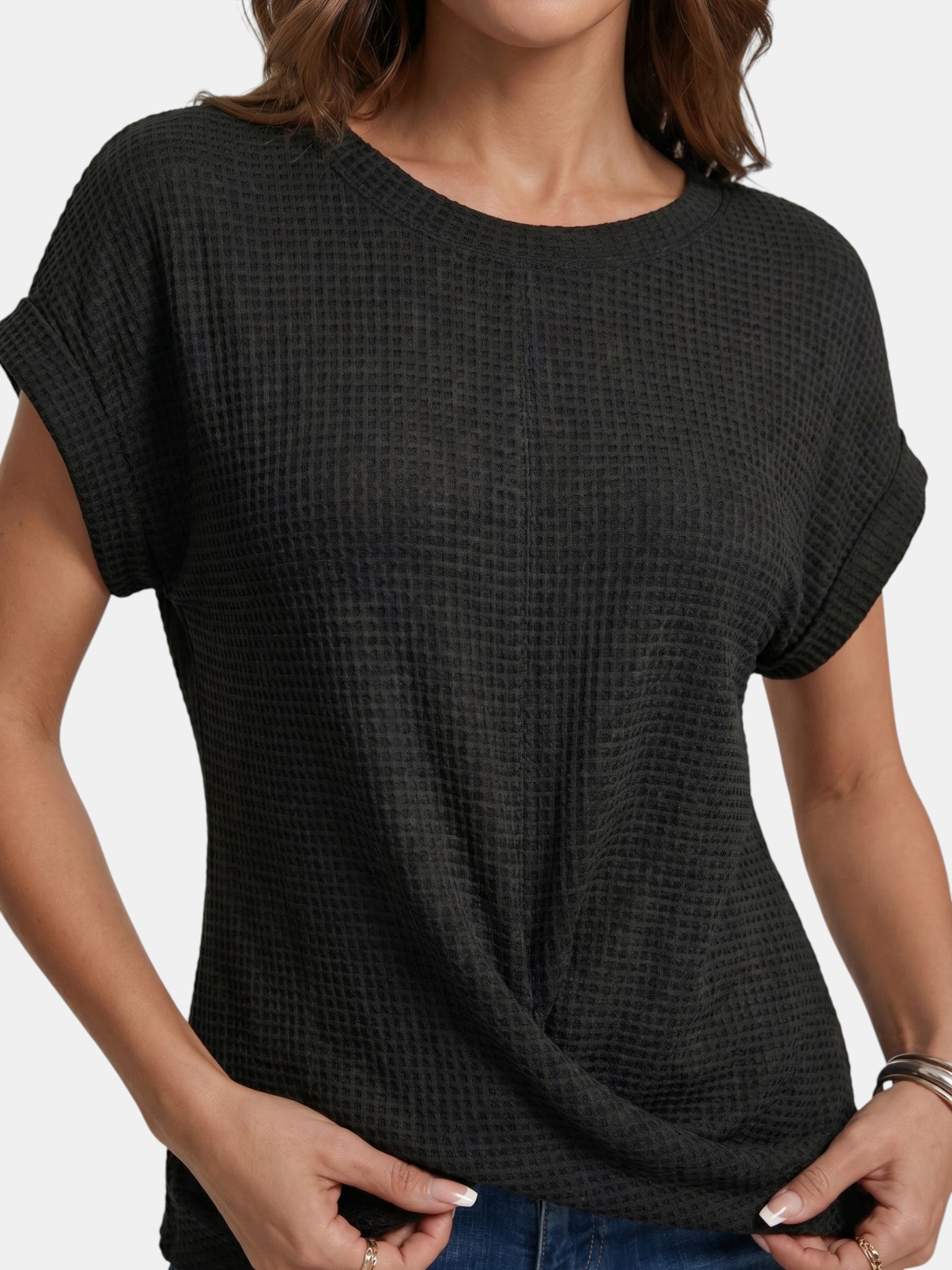 T-shirt da donna in maglia waffle strutturata | Top casual a vestibilità rilassata con dettaglio annodato valorizzante