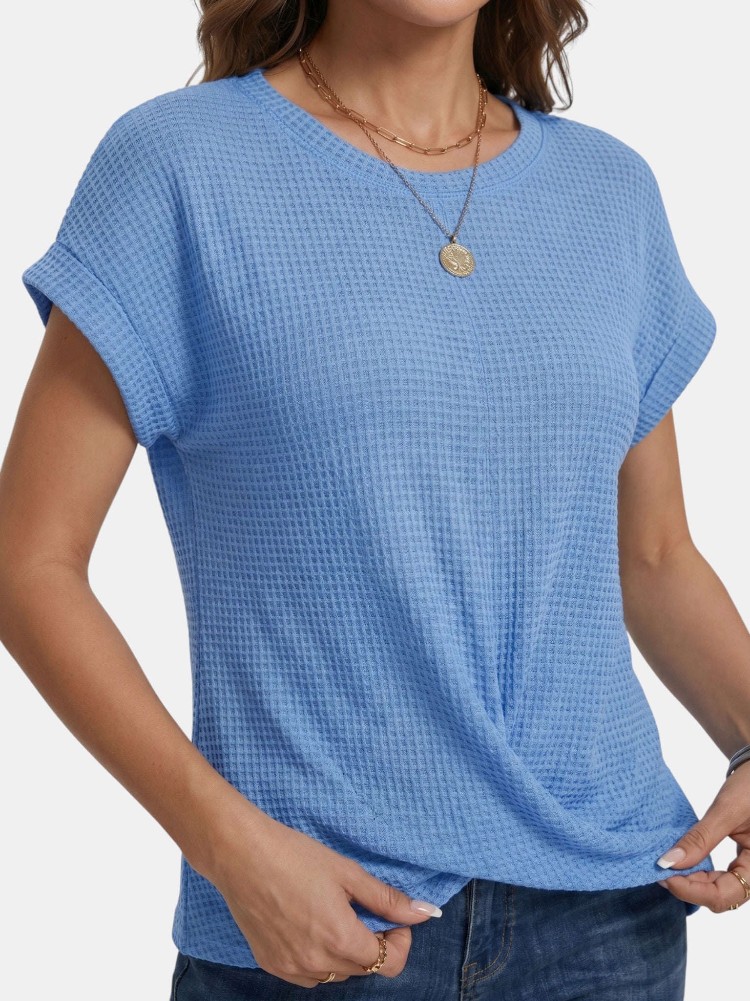 T-shirt da donna in maglia waffle strutturata | Top casual a vestibilità rilassata con dettaglio annodato valorizzante