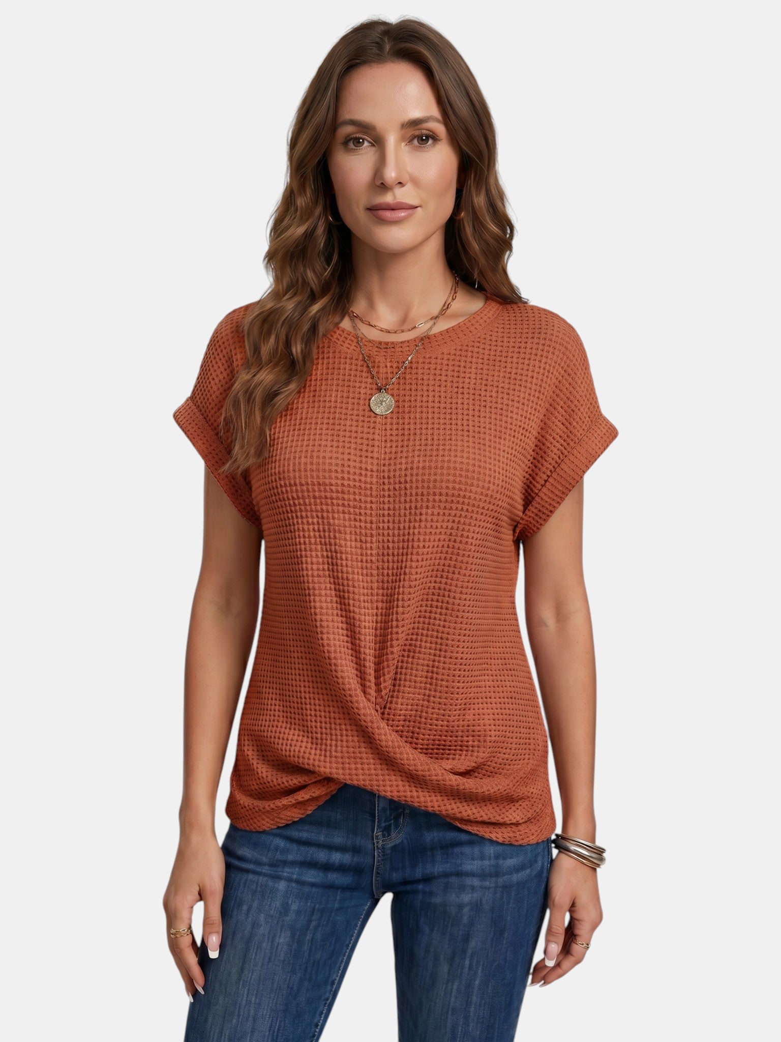 T-shirt da donna in maglia waffle strutturata | Top casual a vestibilità rilassata con dettaglio annodato valorizzante