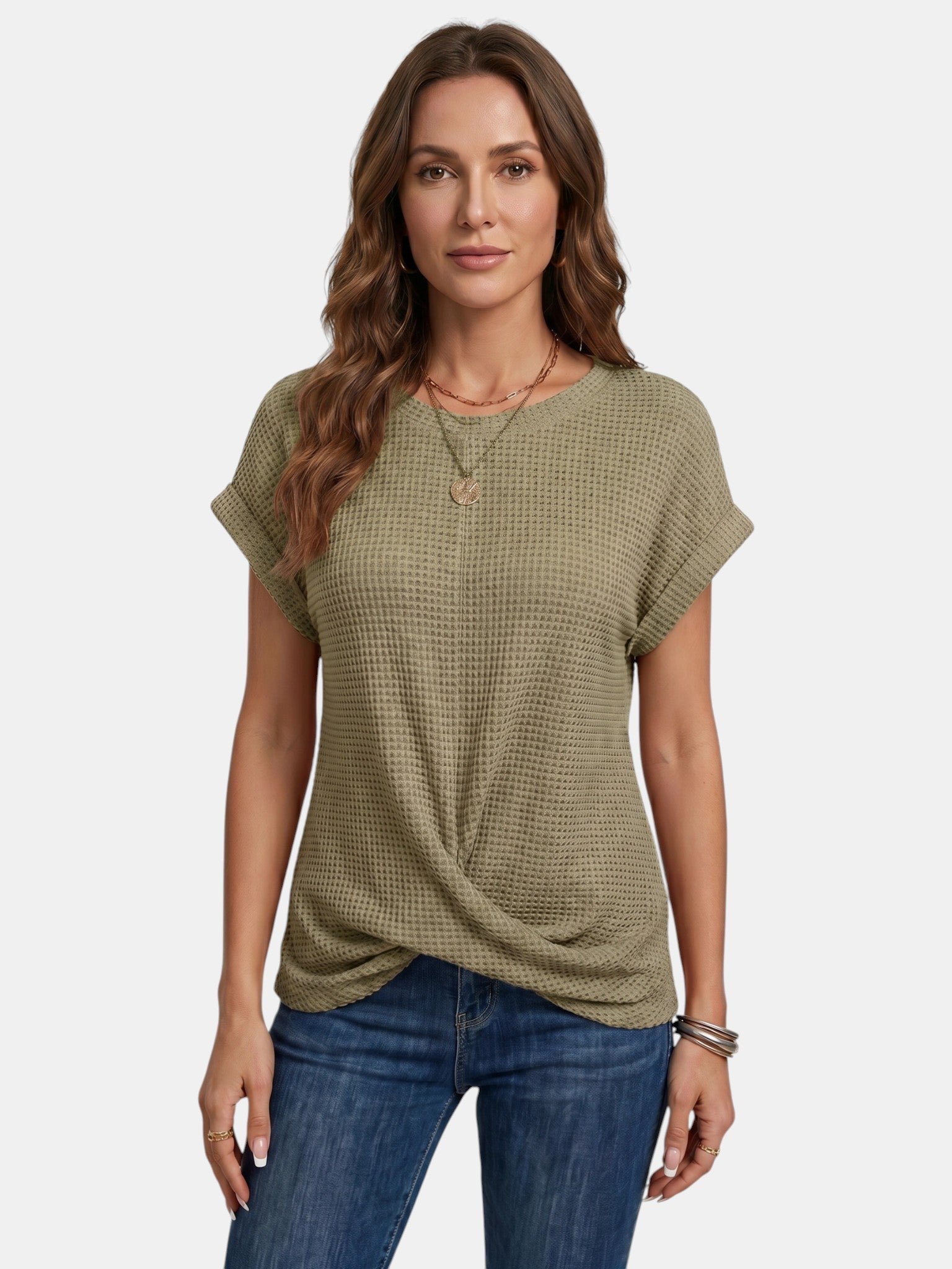 T-shirt da donna in maglia waffle strutturata | Top casual a vestibilità rilassata con dettaglio annodato valorizzante