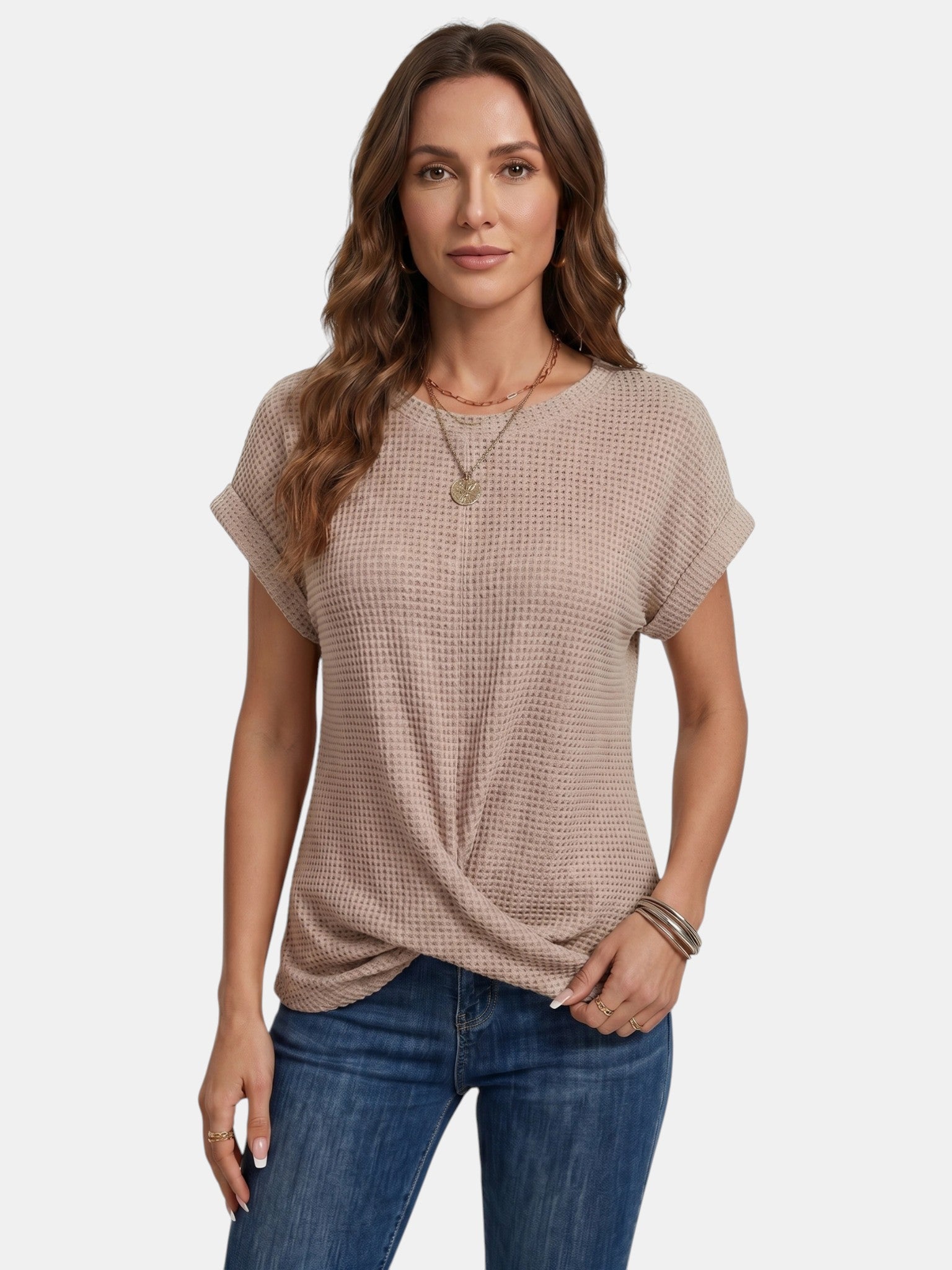 T-shirt da donna in maglia waffle strutturata | Top casual a vestibilità rilassata con dettaglio annodato valorizzante