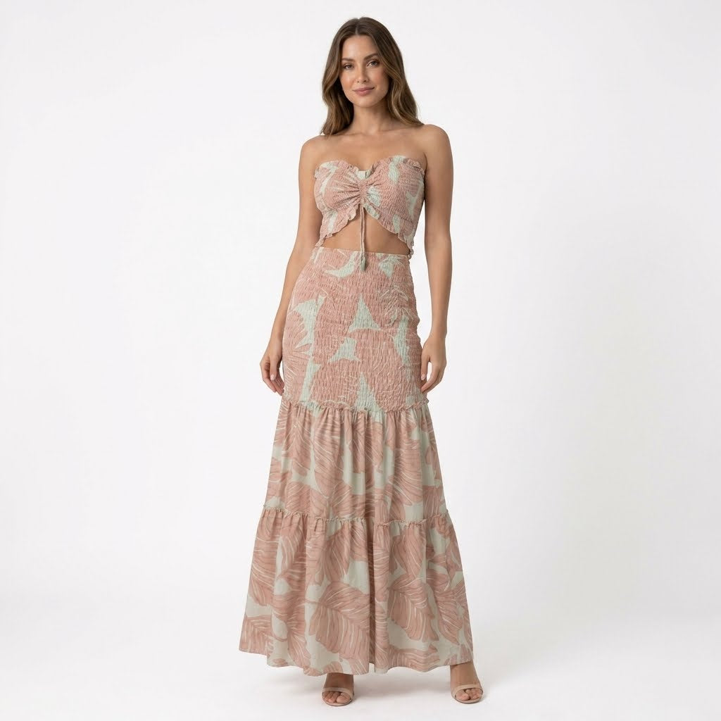 Womens Tropical Print Maxi Dress | Strapless Ruched Summer Gown 3