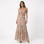 Vestido largo tropical para mujer | Vestido de verano sin tirantes con fruncido