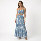 Vestido largo tropical para mujer | Vestido de verano sin tirantes con fruncido