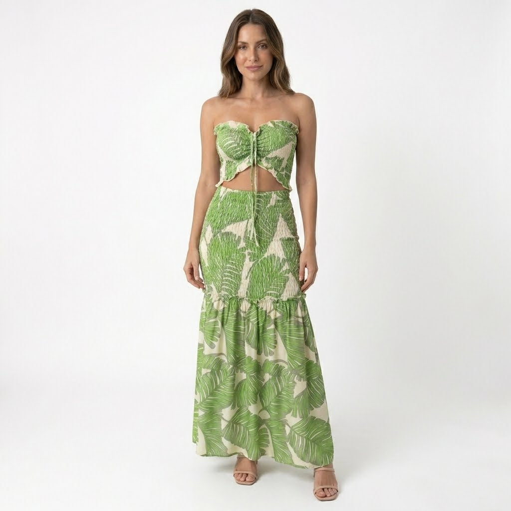 Womens Tropical Print Maxi Dress | Strapless Ruched Summer Gown 5